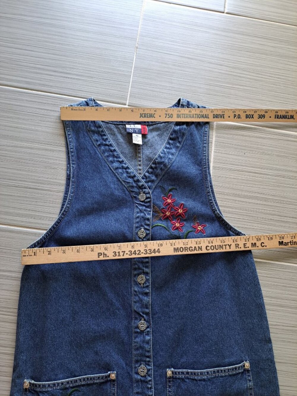 Vtg Denim Embroidered Dress Floral Button-Up Sleeveless Pockets S Cotton Teacher - Picture 7 of 10